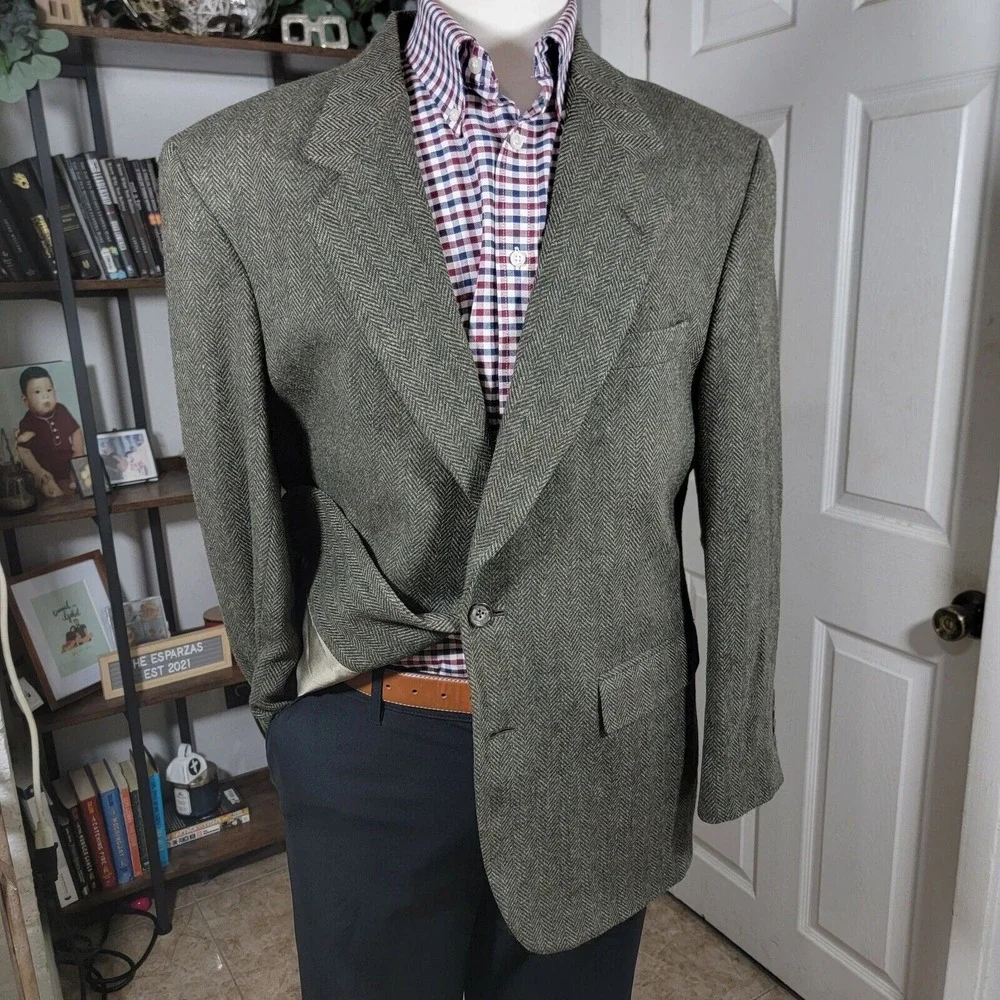 John Alexander Hart Schaffner Men's Sport Coat Blazer Green Wool Herringbone 41R